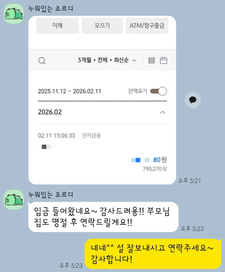 카카오톡 지급 확인 후기 1 — 입금 확인 감사 인사