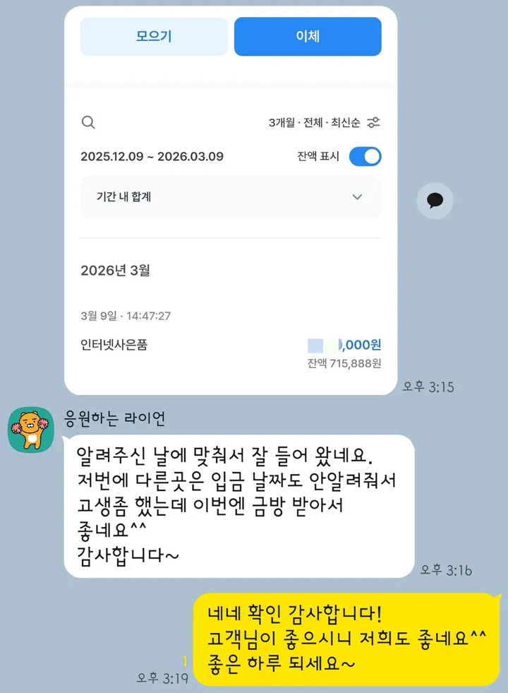 카카오톡 지급 확인 후기 3 — 약속한 날짜에 입금 확인